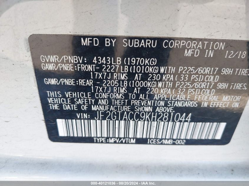 JF2GTACC9KH281044 2019 Subaru Crosstrek Premium