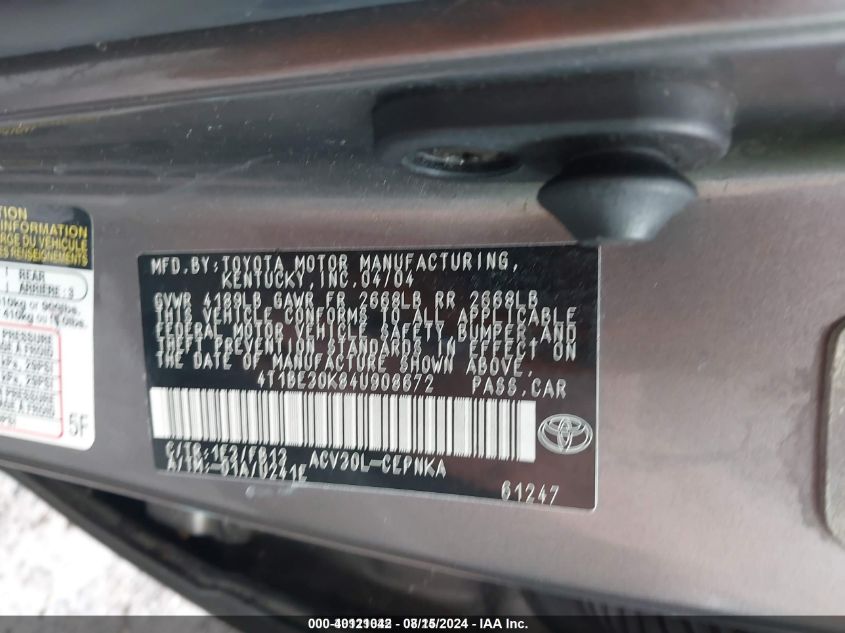 2004 Toyota Camry Le VIN: 4T1BE30K84U908672 Lot: 40121042