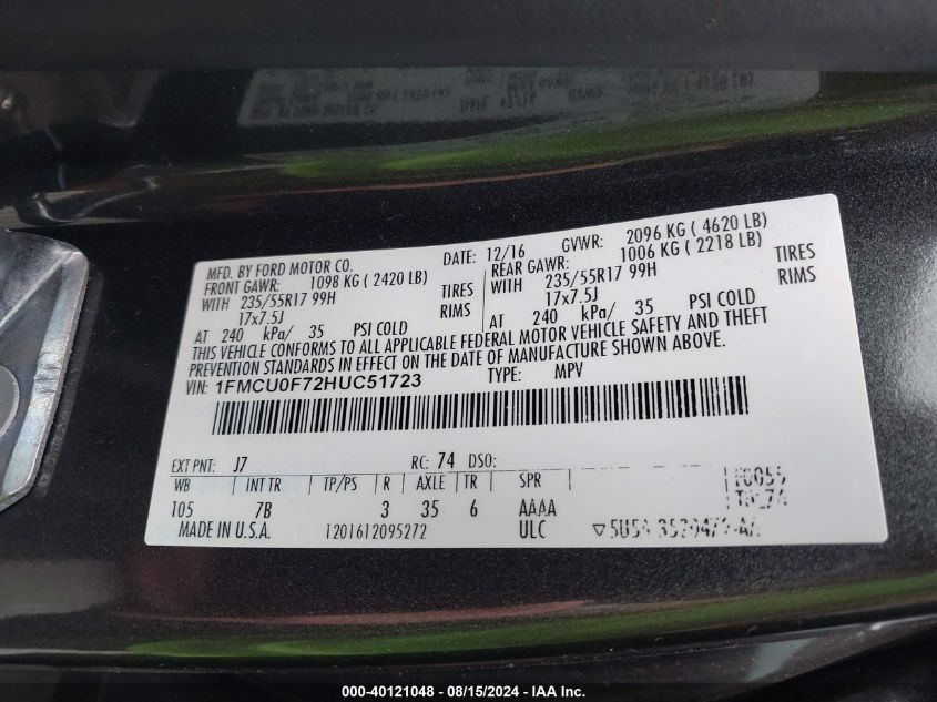 2017 Ford Escape S VIN: 1FMCU0F72HUC51723 Lot: 40121048