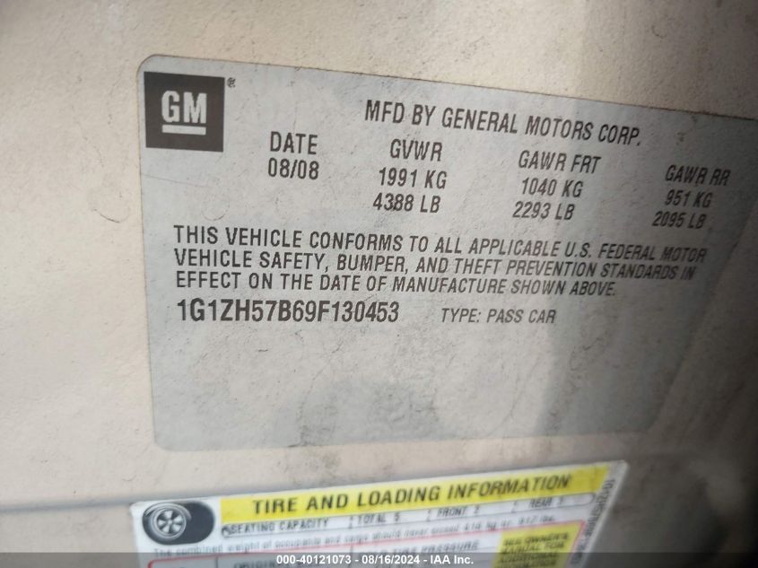 2009 Chevrolet Malibu Lt VIN: 1G1ZH57B69F130453 Lot: 40121073