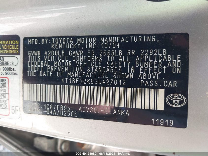 2005 Toyota Camry Le VIN: 4T1BE32K65U427012 Lot: 40121080