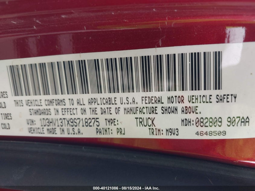 2009 Dodge Ram 1500 VIN: 1D3HV13TX9S718275 Lot: 40121086