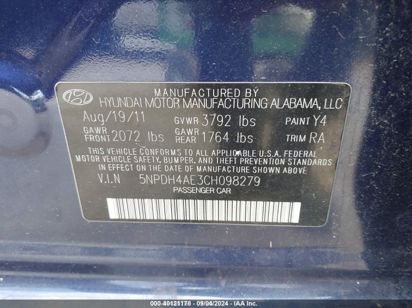 2012 Hyundai Elantra Gls VIN: 5NPDH4AE3CH098279 Lot: 40121178