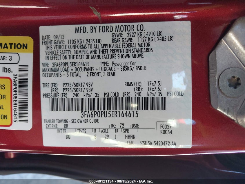 2014 Ford Fusion Energi Se Luxury VIN: 3FA6P0PU5ER164615 Lot: 40121194