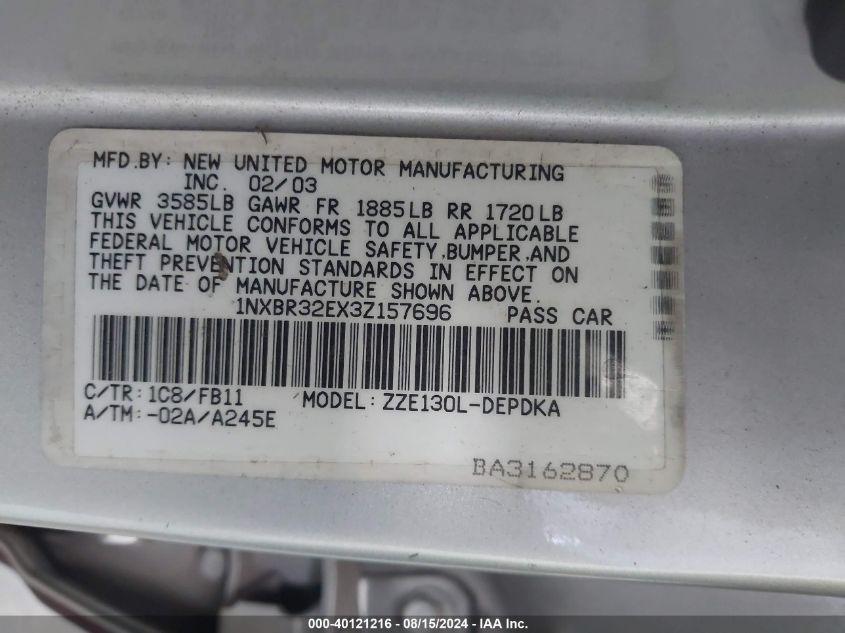 2003 Toyota Corolla Ce VIN: 1NXBR32EX3Z157696 Lot: 40121216