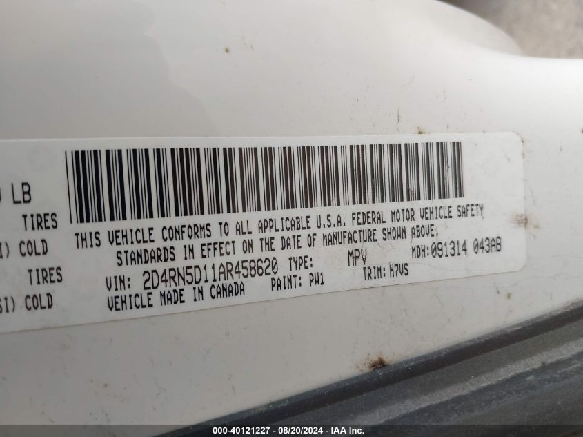 2010 Dodge Grand Caravan Sxt VIN: 2D4RN5D11AR458620 Lot: 40121227