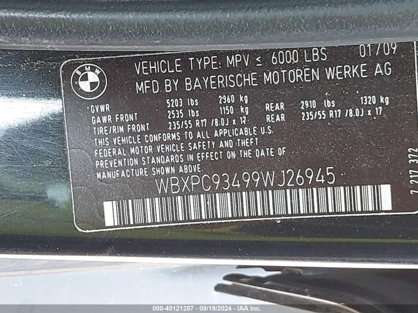 2009 BMW X3 xDrive30I VIN: WBXPC93499WJ26945 Lot: 40121257