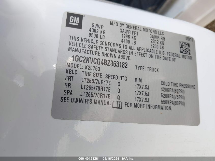 2011 Chevrolet Silverado 2500Hd Work Truck VIN: 1GC2KVCGHBZ363182 Lot: 40121261