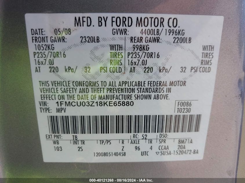 2008 Ford Escape Xlt VIN: 1FMCU03Z18KE65880 Lot: 40121268