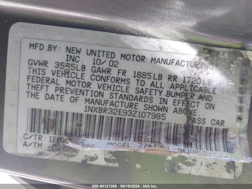 2003 Toyota Corolla S VIN: 1NXBR32E93Z107985 Lot: 40121388