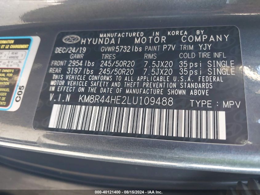 2020 Hyundai Palisade Sel VIN: KM8R44HE2LU109488 Lot: 40121400