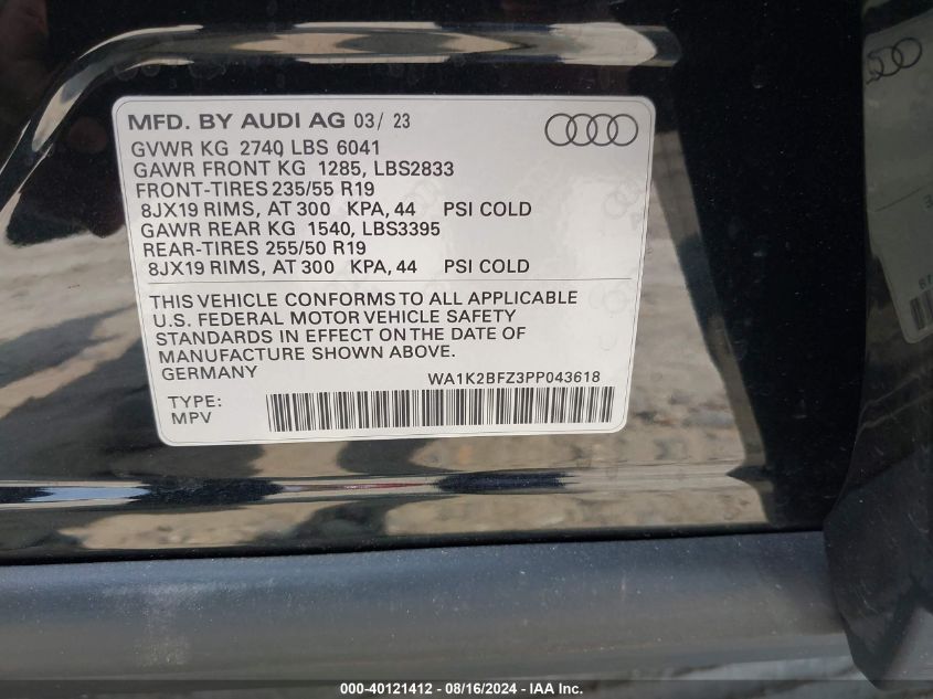 WA1K2BFZ3PP043618 2023 Audi Q4 E-Tron Premium 50 Quattro