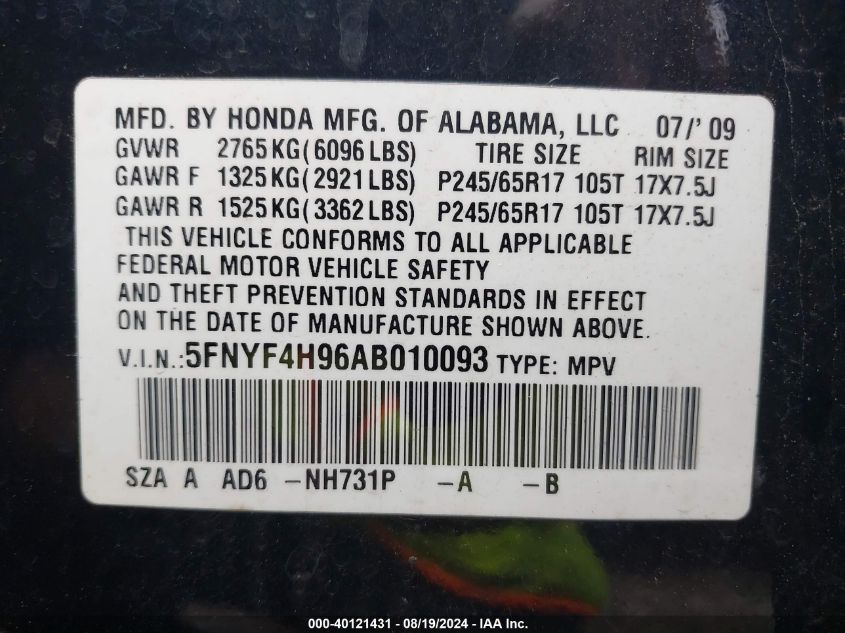 2010 Honda Pilot Touring VIN: 5FNYF4H96AB010093 Lot: 40121431