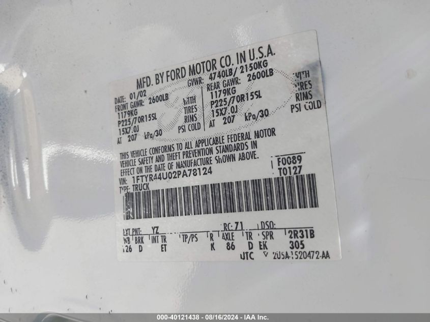 2002 Ford Ranger Edge/Tremor/Xlt VIN: 1FTYR44U02PA78124 Lot: 40121438