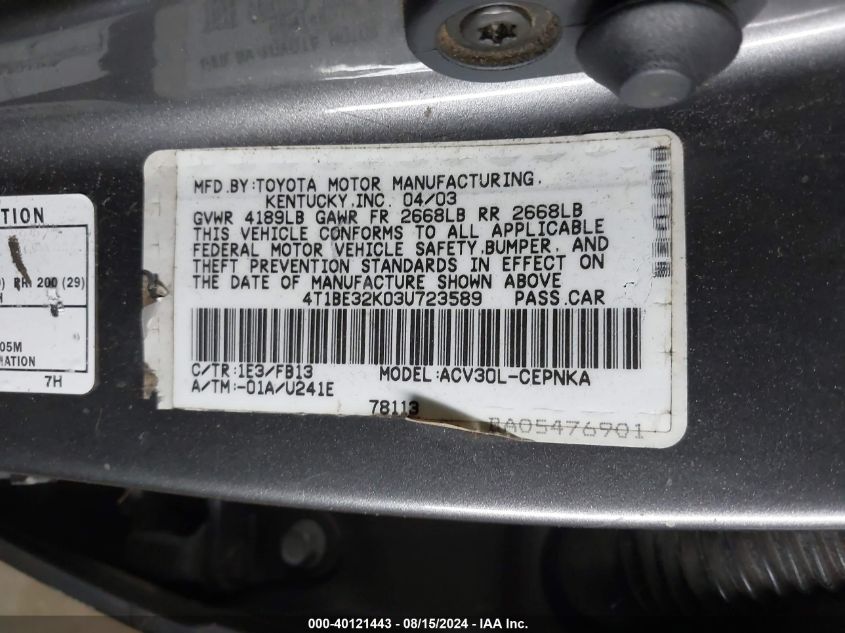 4T1BE32K03U723589 2003 Toyota Camry Le