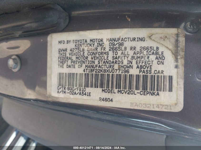 1999 Toyota Camry Le V6 VIN: 4T1BF22K8XU077196 Lot: 40121471