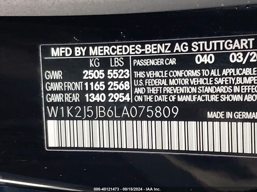 2020 Mercedes-Benz Cls 450 VIN: W1K2J5JB6LA075809 Lot: 40121473