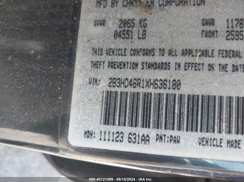 1999 Dodge Intrepid VIN: 2B3HD46R1XH636180 Lot: 40121499