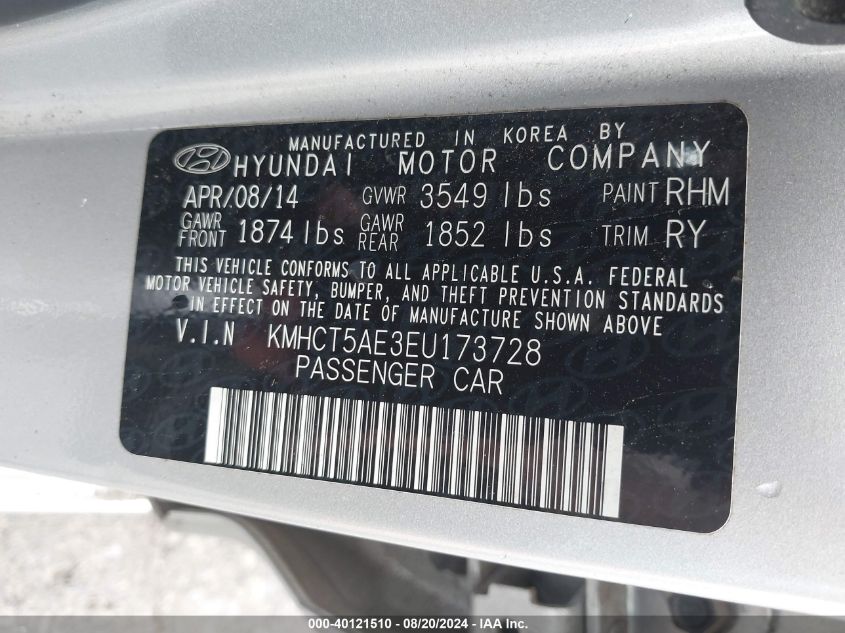 KMHCT5AE3EU173728 2014 Hyundai Accent Gs