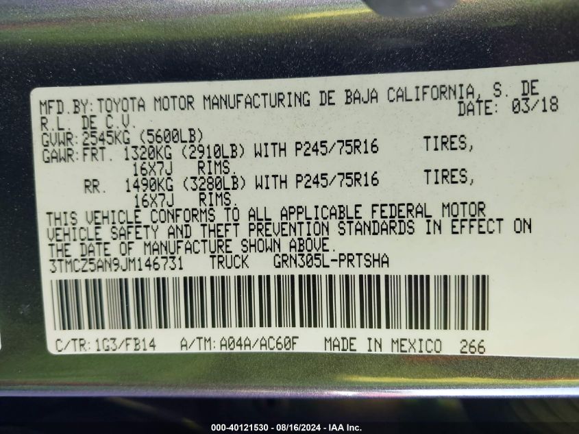 2018 Toyota Tacoma Sr V6 VIN: 3TMCZ5AN9JM146731 Lot: 40121530