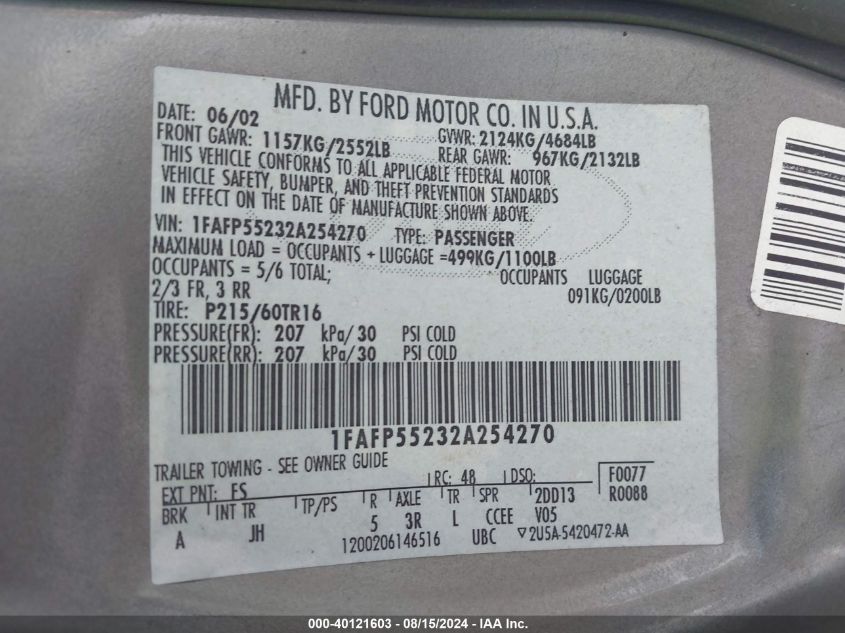 1FAFP55232A254270 2002 Ford Taurus Ses