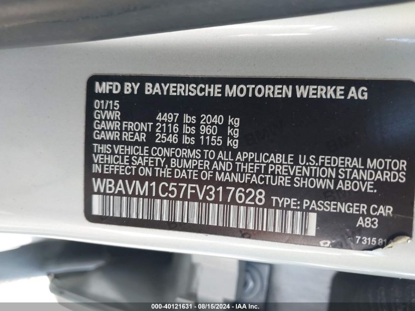 2015 BMW X1 Sdrive28I VIN: WBAVM1C57FV317628 Lot: 40121631