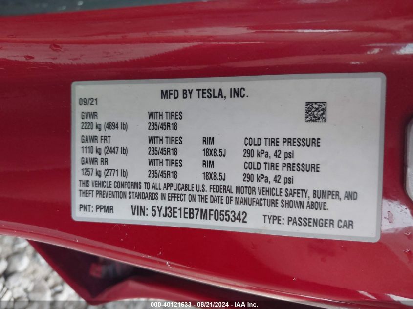 2021 Tesla Model 3 Long Range Dual Motor All-Wheel Drive VIN: 5YJ3E1EB7MF055342 Lot: 40121633