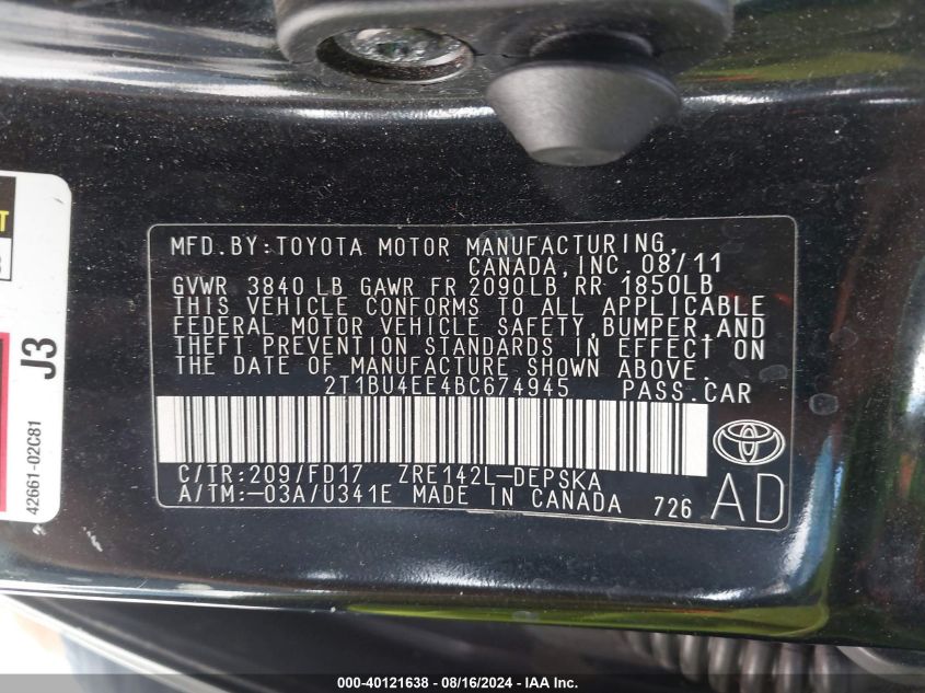 2011 Toyota Corolla S VIN: 2T1BU4EE4BC674945 Lot: 40121638