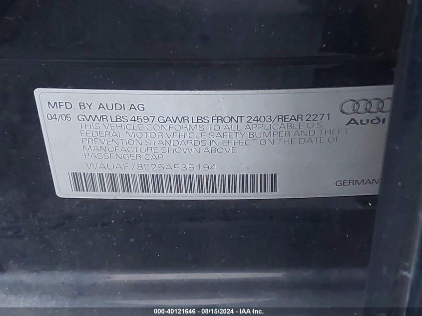 2005 Audi A4 2.0T VIN: WAUAF78E25A535194 Lot: 40121646