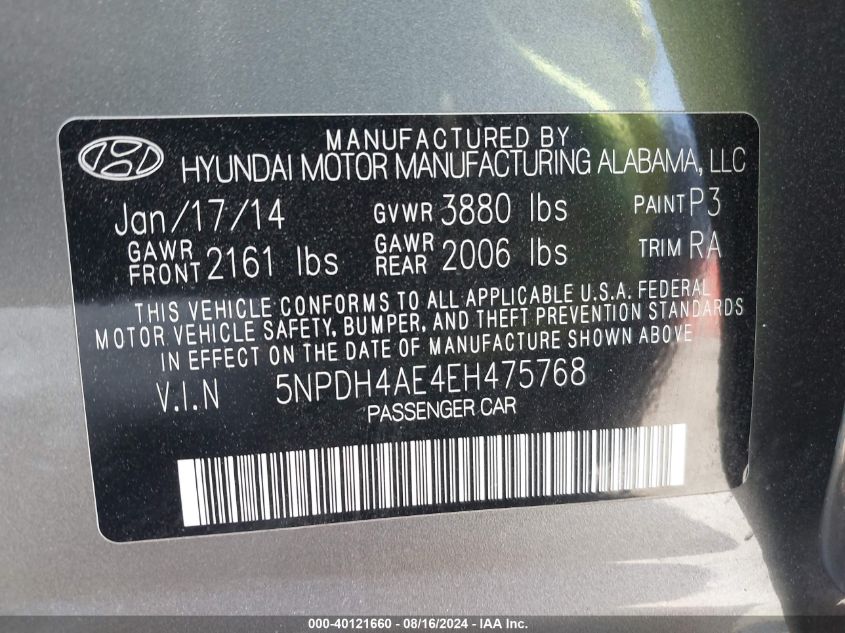 5NPDH4AE4EH475768 2014 Hyundai Elantra Limited