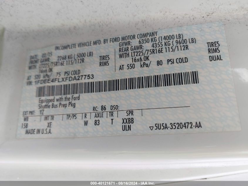 2015 Ford Econoline E450 Super Duty Cutwy Van VIN: 1FDEE4FLXFDA27753 Lot: 40121671