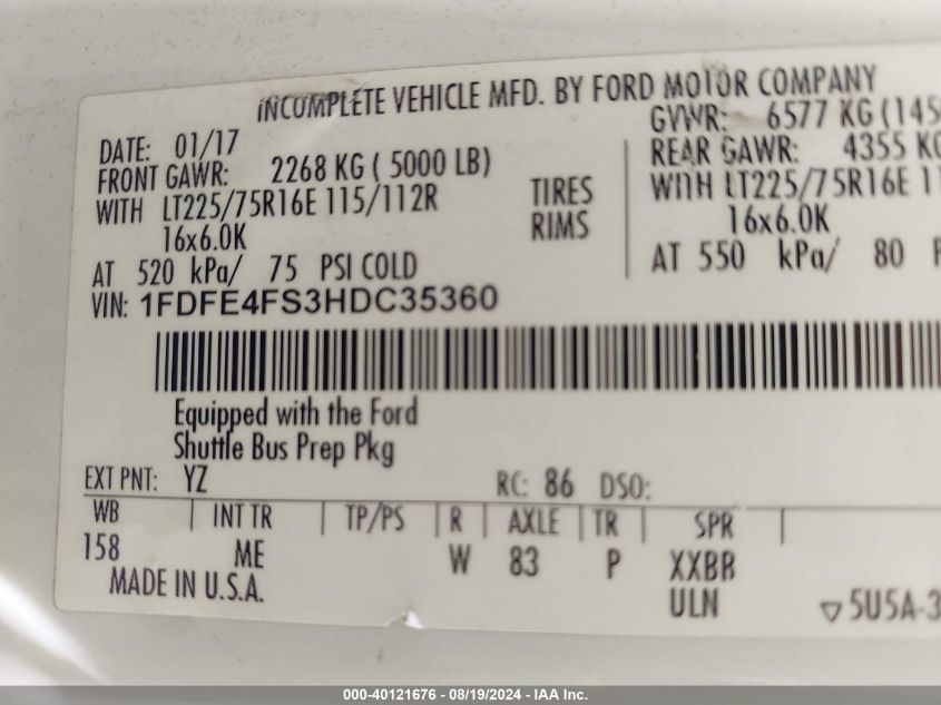 2017 Ford E-450 Cutaway VIN: 1FDFE4FS3HDC35360 Lot: 40121676