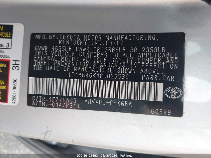 2008 Toyota Camry Hybrid Hybrid VIN: 4T1BB46K18U036539 Lot: 40121693