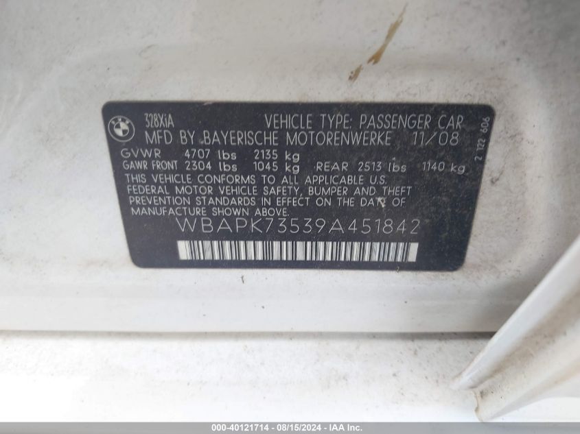 2009 BMW 328I xDrive VIN: WBAPK73539A451842 Lot: 40121714