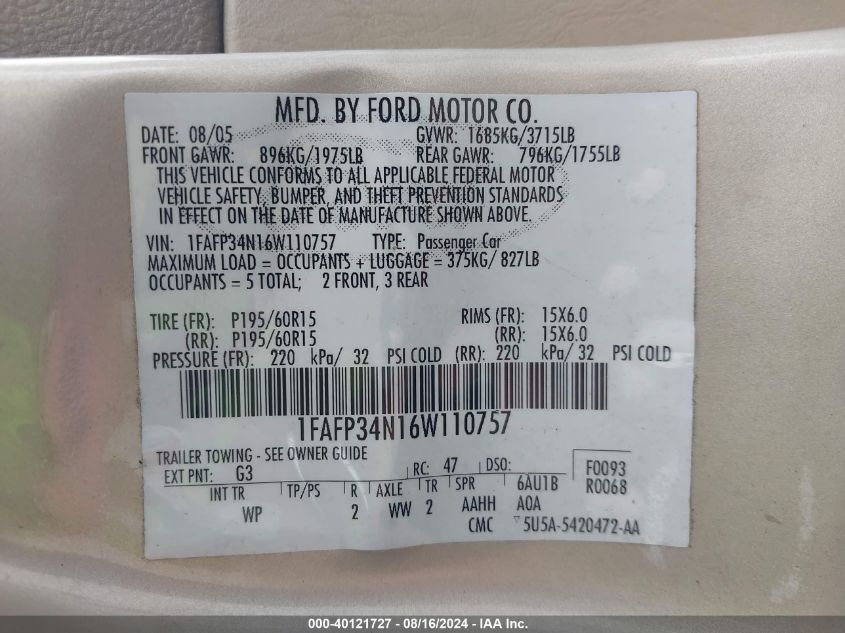 2006 Ford Focus Se/Zx4 VIN: 1FAFP34N16W110757 Lot: 40121727