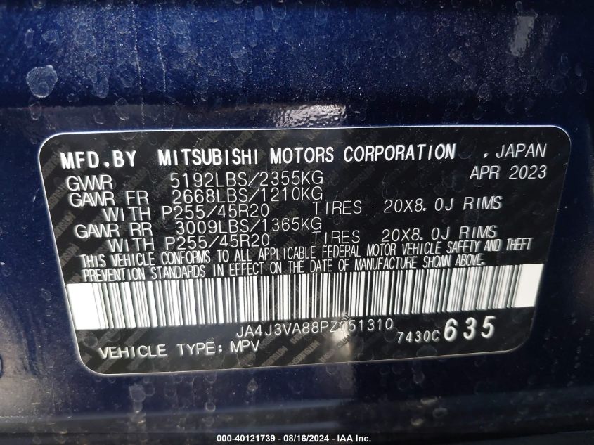 2023 Mitsubishi Outlander Sel 2.5 2Wd VIN: JA4J3VA88PZ051310 Lot: 40121739