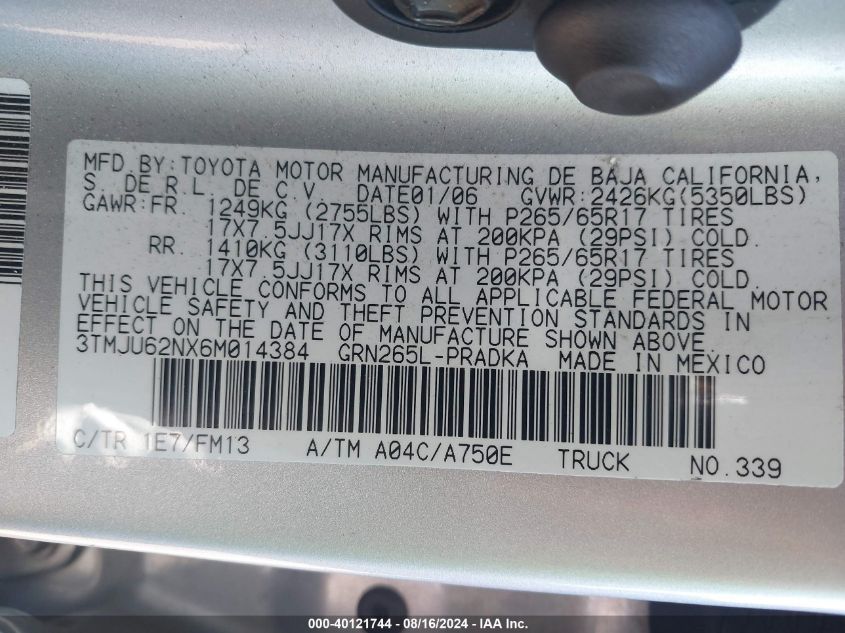 2006 Toyota Tacoma Prerunner V6 VIN: 3TMJU62NX6M014384 Lot: 40121744