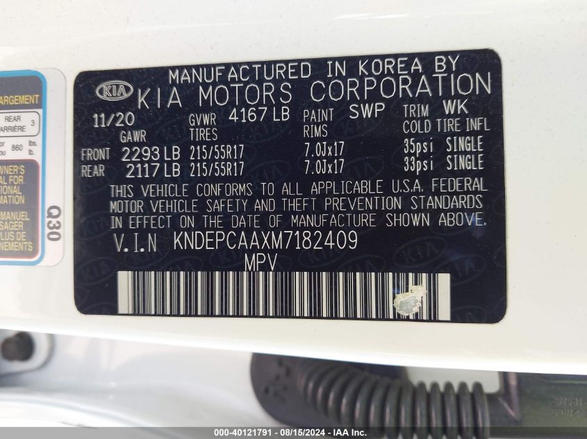 2021 Kia Seltos Lx VIN: KNDEPCAAXM7182409 Lot: 40121791