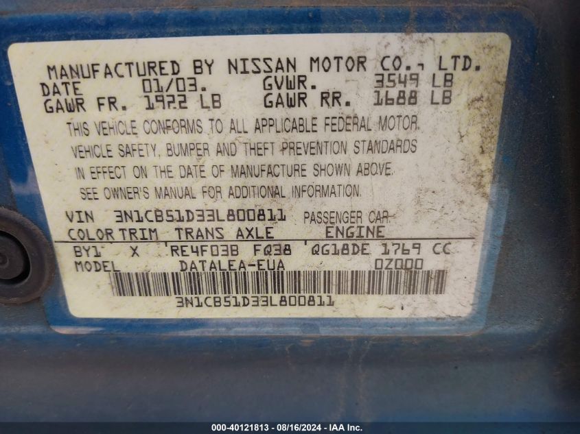 2003 Nissan Sentra Gxe VIN: 3N1CB51D33L800811 Lot: 40121813