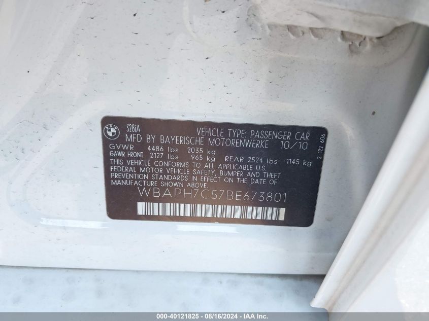 2011 BMW 328I VIN: WBAPH7C57BE673801 Lot: 40121825
