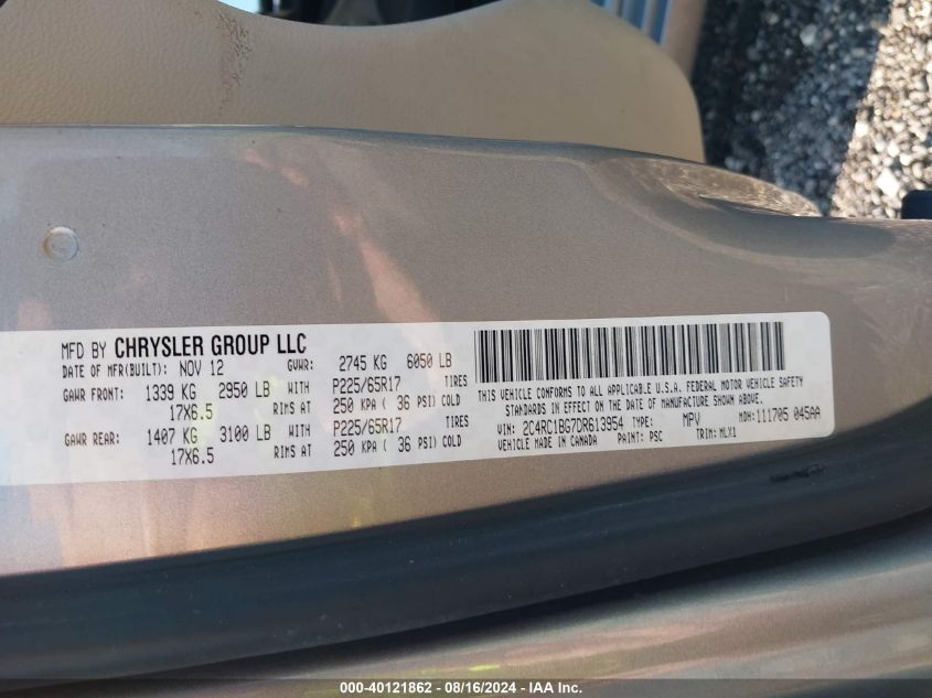 2013 Chrysler Town & Country Touring VIN: 2C4RC1BG7DR613954 Lot: 40121862