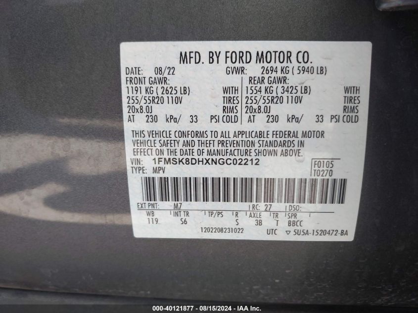 2022 Ford Explorer Xlt VIN: 1FMSK8DHXNGC02212 Lot: 40121877