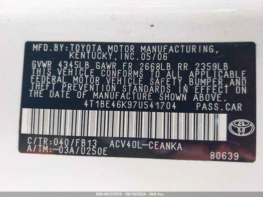 2007 Toyota Camry Le VIN: 4T1BE46K97U541704 Lot: 40121933