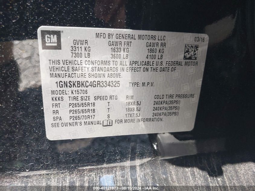 2016 Chevrolet Tahoe Lt VIN: 1GNSKBKC4GR334325 Lot: 40121973