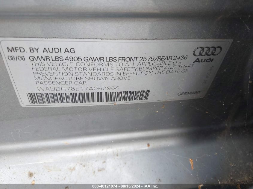 2007 Audi A4 3.2 VIN: WAUDH78E17A062964 Lot: 40121974
