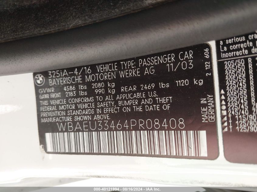 2004 BMW 325Xi VIN: WBAEU33464PR08408 Lot: 40121994
