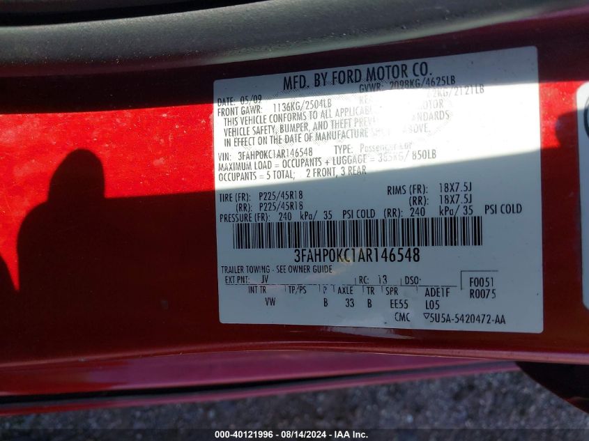 2010 Ford Fusion Sport VIN: 3FAHP0KC1AR146548 Lot: 40121996