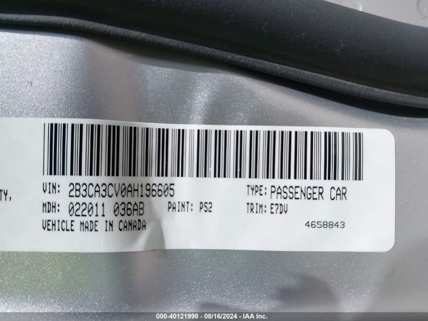 2010 Dodge Charger Sxt VIN: 2B3CA3CV0AH196605 Lot: 40121998