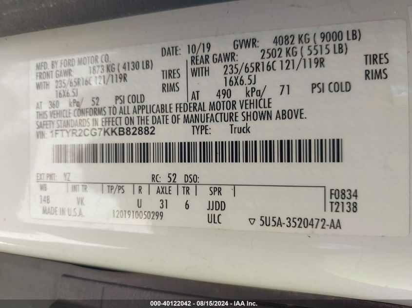 2019 Ford Transit-250 VIN: 1FTYR2CG7KKB82882 Lot: 40122042