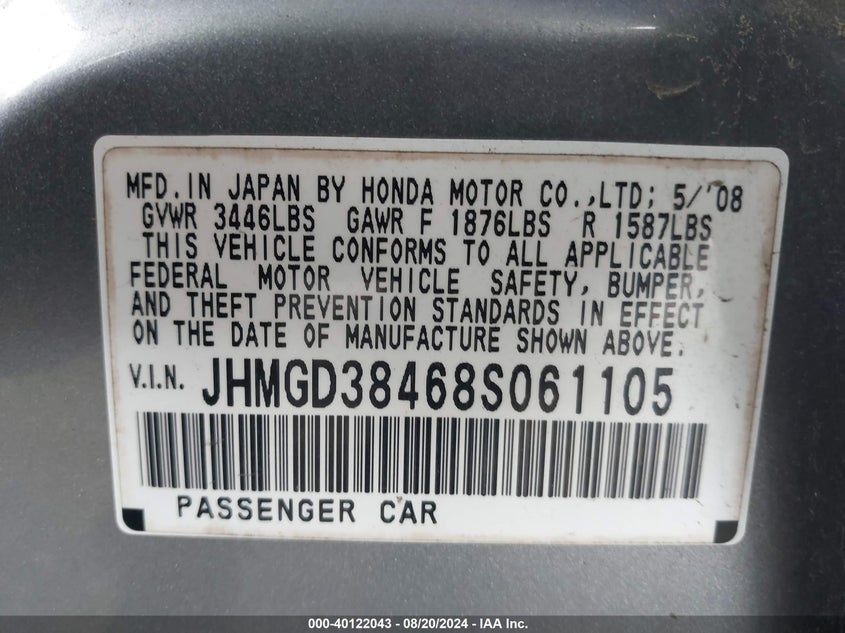 2008 HONDA FIT VIN: JHMGD38468S061105